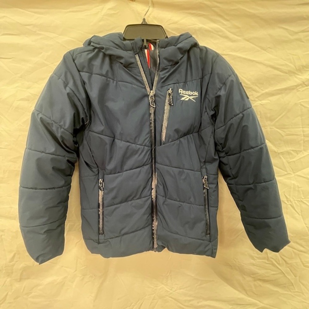 Reebok Boys Winter Puffer Jacket Small 8 Navy Blue Hooded Coat Insulated Ski